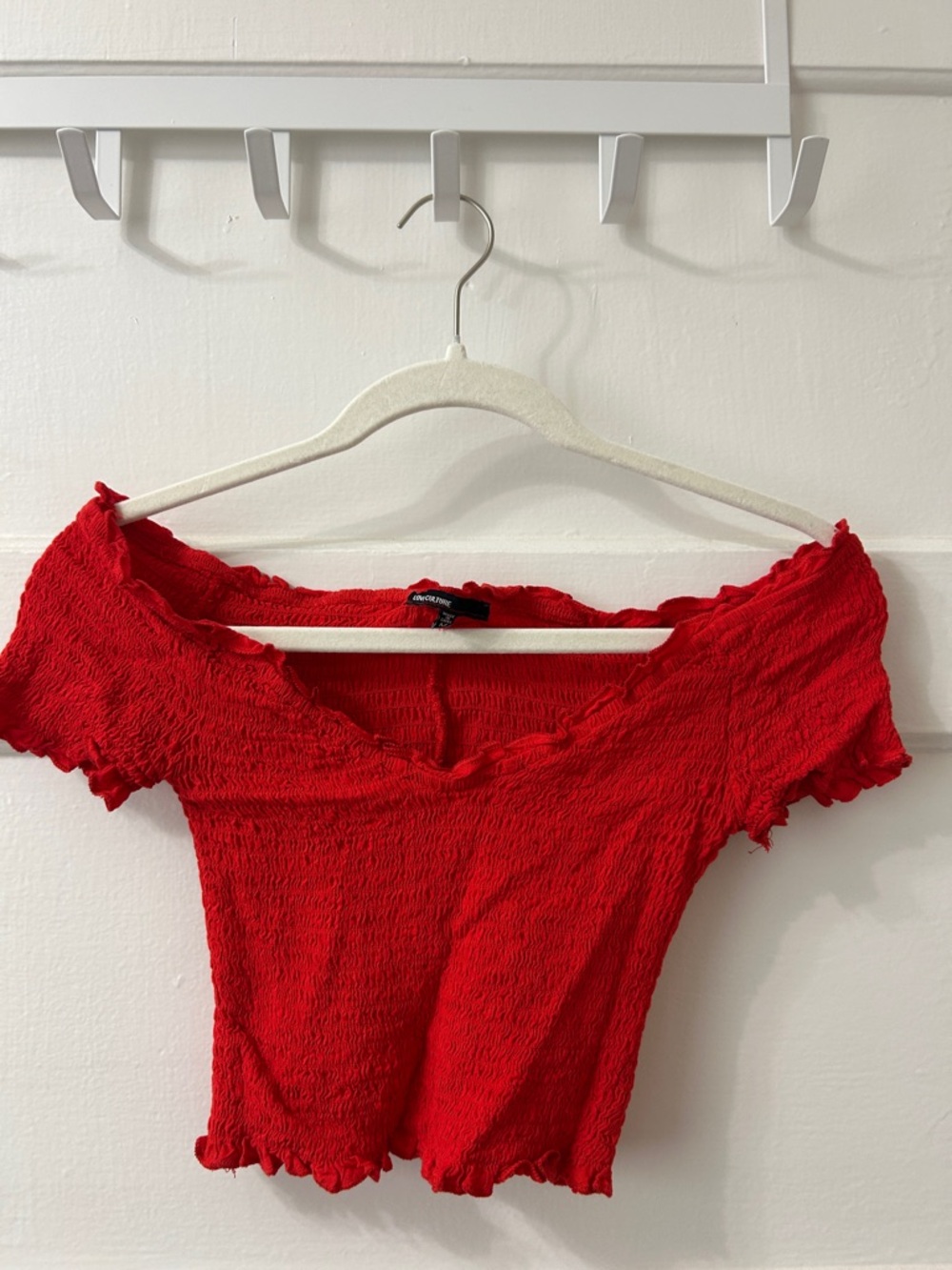 Love Culture Red Smocked Off-Shoulder Crop Top